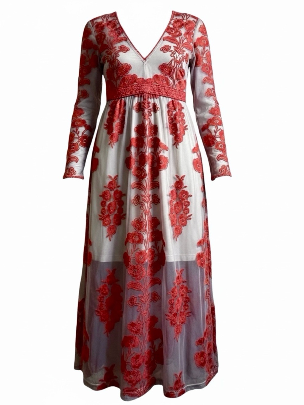 Temeculum Style Embroidered Mesh Maxi Dress Blue Burgundy Floral M